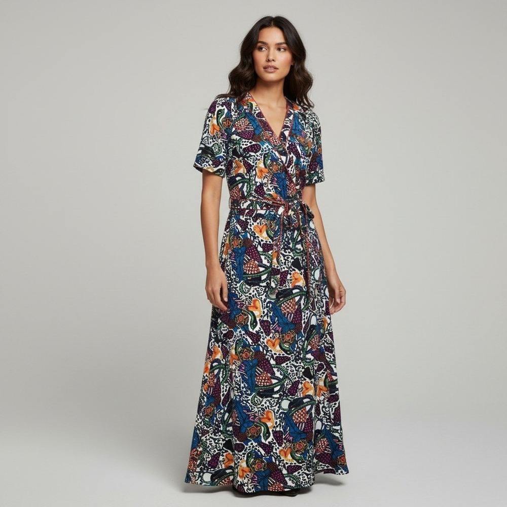 Veronica Beard Multicolor Abstract Print Rayon Wrap Maxi Dress Women's Size 0